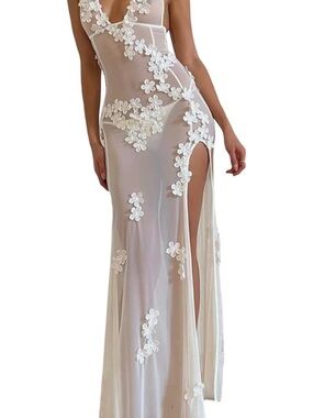 Sheer White Floral Appliqué Maxi Dress – Festival / Beach / Bridal